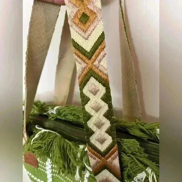 Women’s Large Shoulder Boho Style Tote Bag, Green/White - Picture 3 of 7